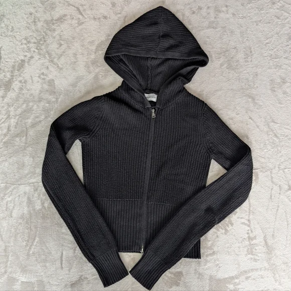Hooded Black Zip Up Sweater Cardigan Cable Knit Minimal Soft Girl Acubi XS - Picture 5 of 10
